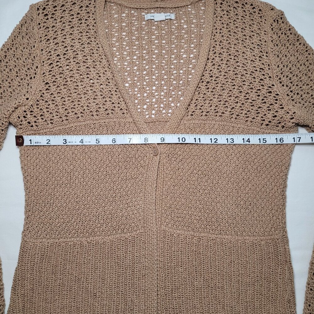 American Eagle Tan Crochet Knit Stitched Cardigan Sweater Medium Boho - Picture 4 of 11